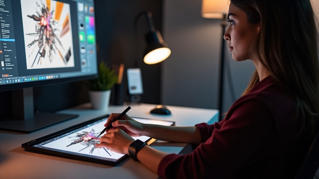 デザイナーがペンタブレットでイラスト制作ソフトを操作している作業シーン