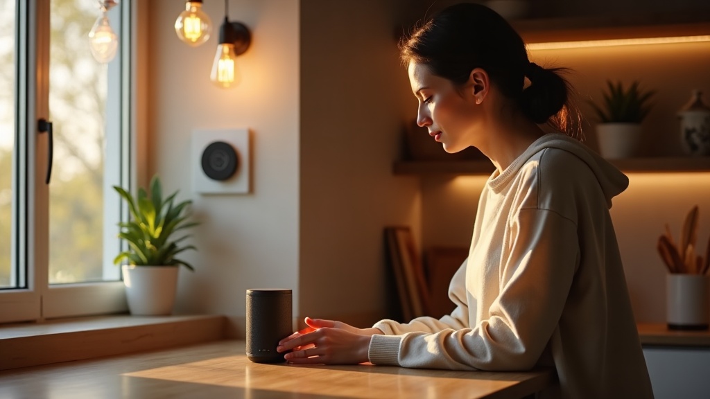 スマートスピーカーに声をかけると照明やサーモスタットが連動して動作するスマートホームの朝のルーティンシーン