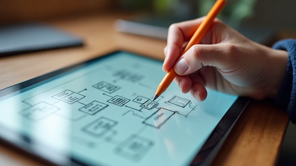 スタイラスペンでタブレット上にシステム設計UML図を手書きしている開発者の手元