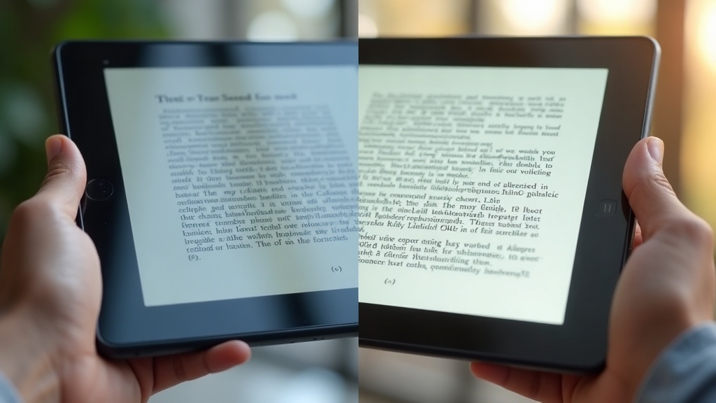 液晶タブレットの画面反射と電子ペーパーの無反射画面を比較した様子