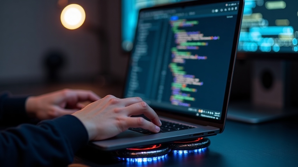 冷却パッドを使用しながらコーディング作業をする開発者の手元と作業環境