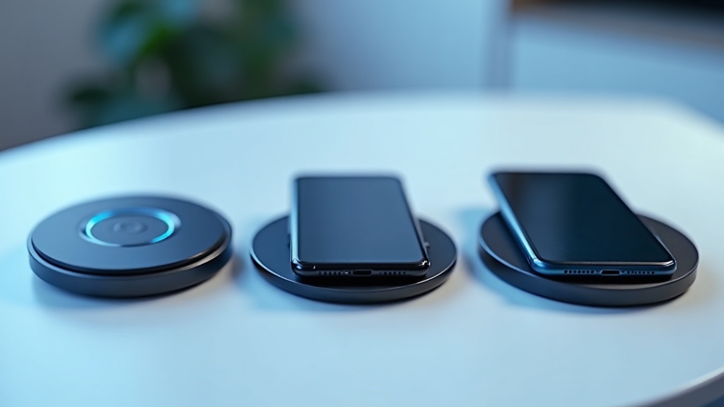 Qi・Qi2・MagSafeの3種類のワイヤレス充電パッドにスマートフォンを置いた比較イメージ