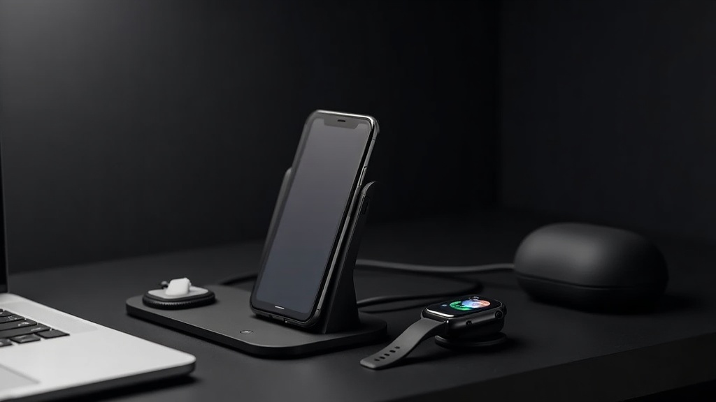 コンパクトな3-in-1ワイヤレス充電スタンドにスマートフォンとスマートウォッチを同時充電している製品レビュー画像