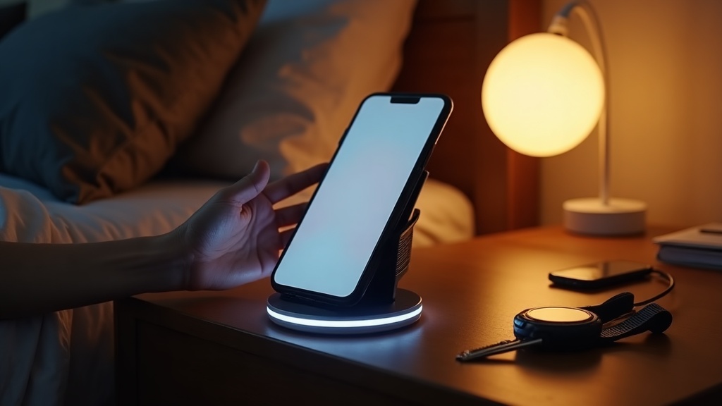 ベッドサイドの充電スタンドにスマートフォンを置くだけで充電が始まる日常ルーティンのシーン