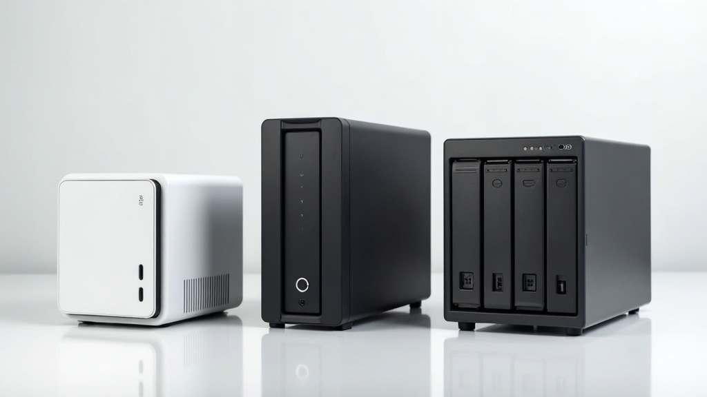 3種類の異なるデザインのNAS機器を横並びに比較した製品ショット