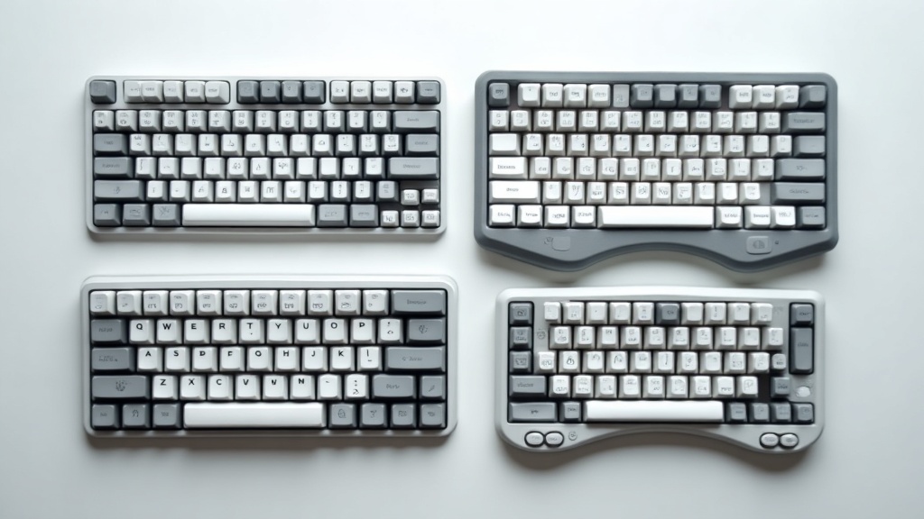 形状の異なる複数のスプリットキーボードを並べた比較俯瞰撮影