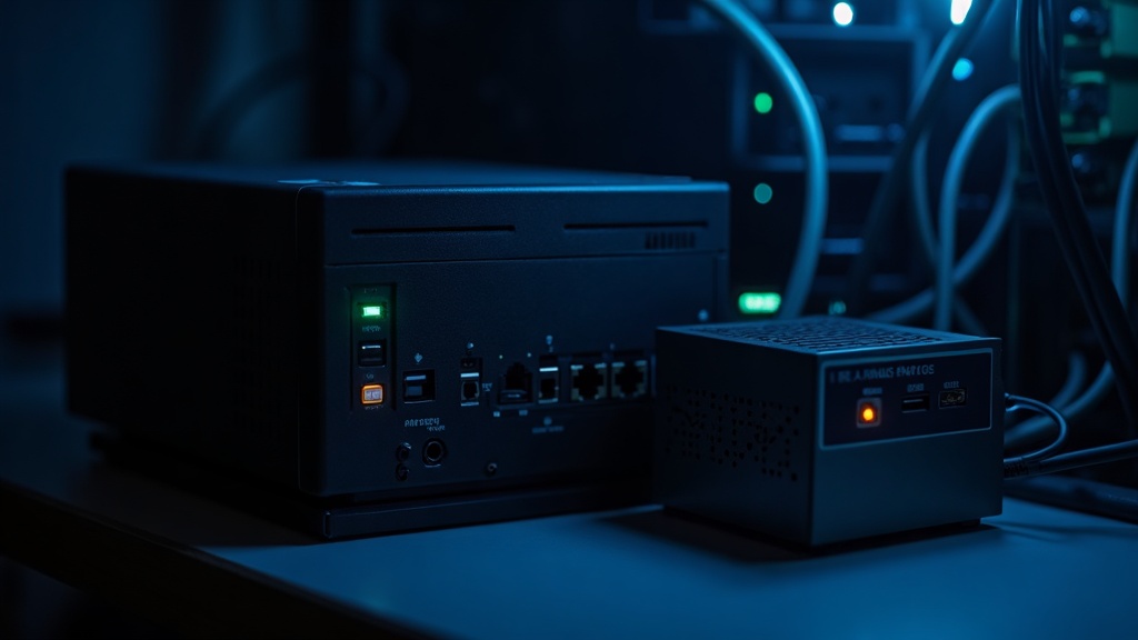 ミニPCとネットワークスイッチで構成された自宅サーバー環境の写真。省電力ホームサーバーの設置例