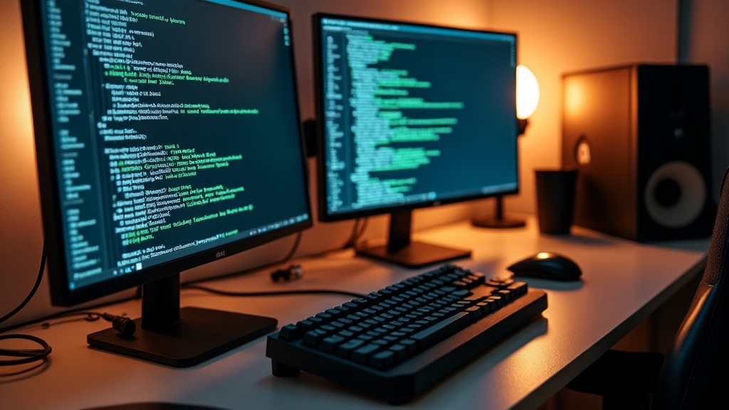 ミニPCをデュアルモニターに接続した開発環境のセットアップ写真。ターミナルとコードエディタを表示したホームオフィス作業デスク