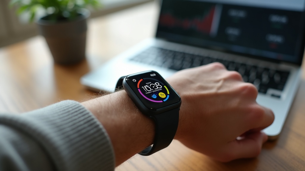 スマートウォッチの画面に健康データと通知が表示されているクローズアップ