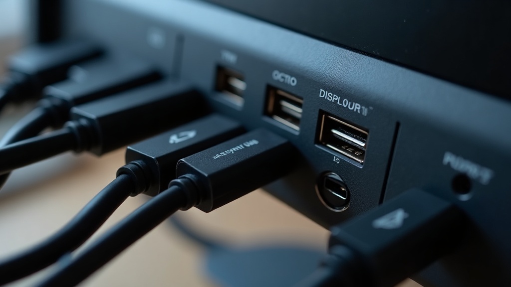 4Kモニター背面のDisplayPort・HDMI・USB-C接続端子とケーブルの接続状態を示した接写画像