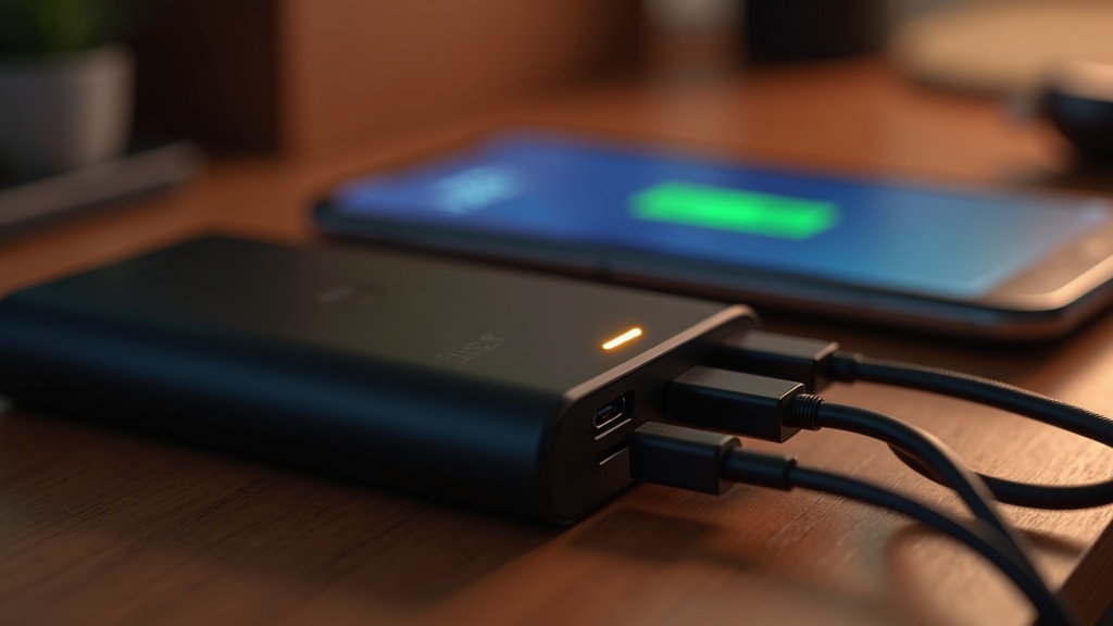 大容量モバイルバッテリーでスマートフォンとタブレットを同時充電している様子
