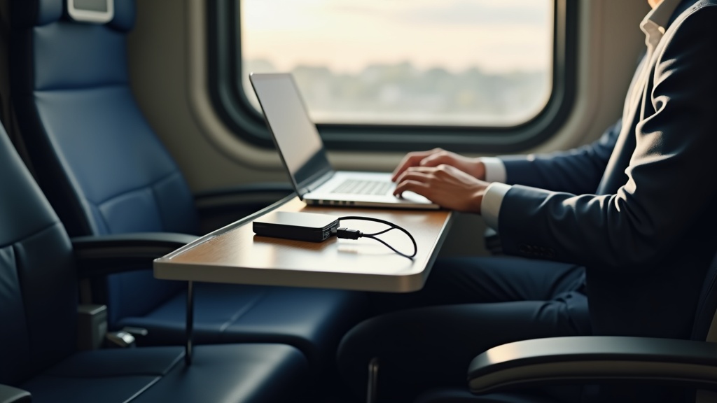 新幹線車内でモバイルバッテリーを使いノートPCを充電しながら作業するビジネスパーソン