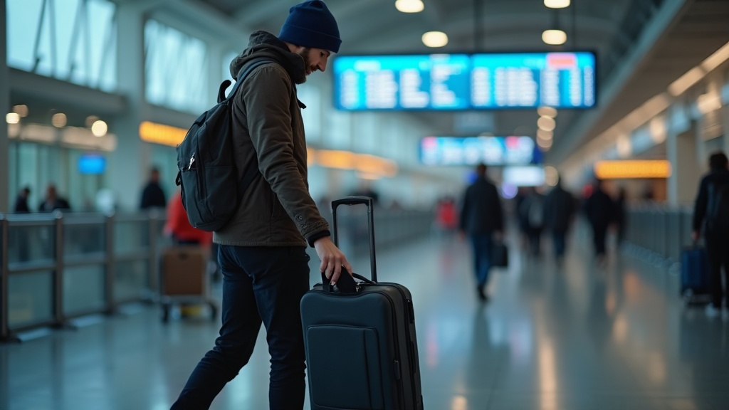 空港で機内持ち込み前にモバイルバッテリーを確認する旅行者