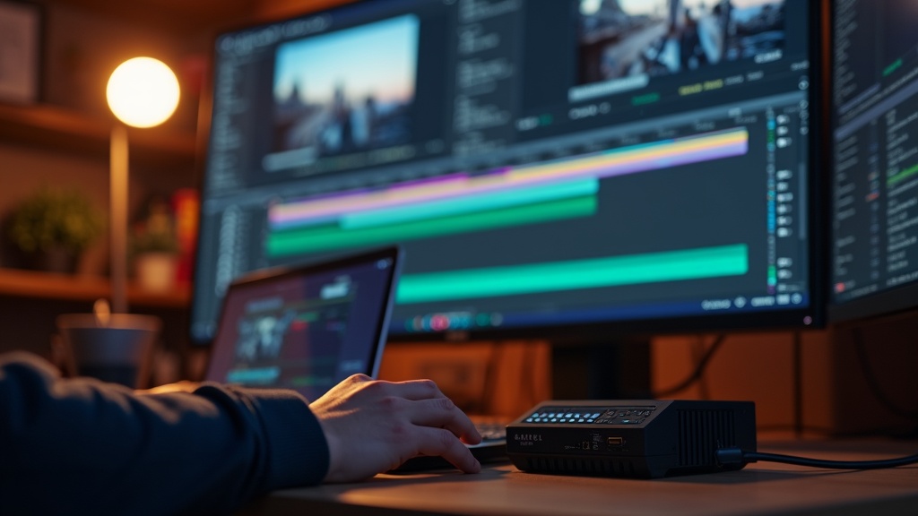 外付けGPUボックス（eGPU）を接続したノートPCで4K動画のカラーグレーディング作業をするクリエイター