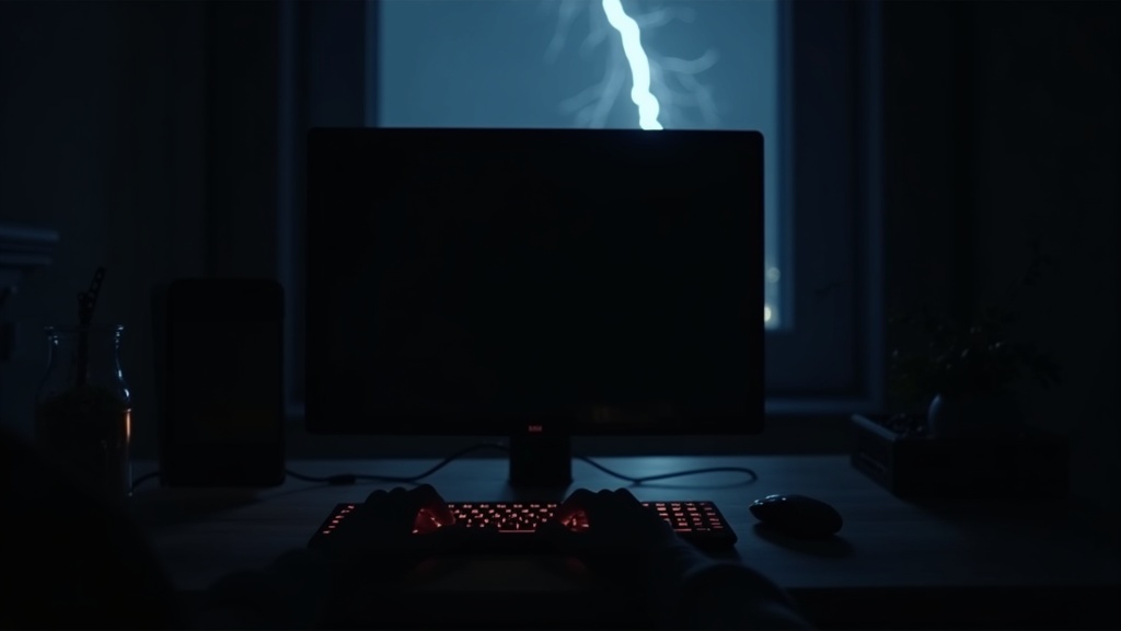 落雷による瞬断でPCの画面が突然ブラックアウトし作業データが失われる瞬間のイメージ