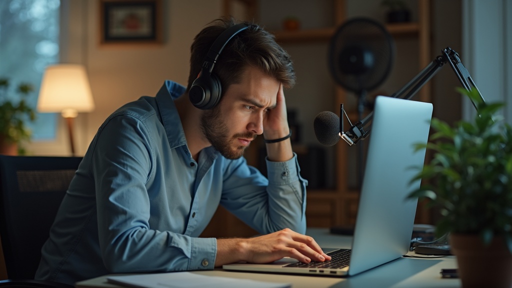 ヘッドセットなしでノートPCの内蔵マイクに向かって話す在宅ワーカー