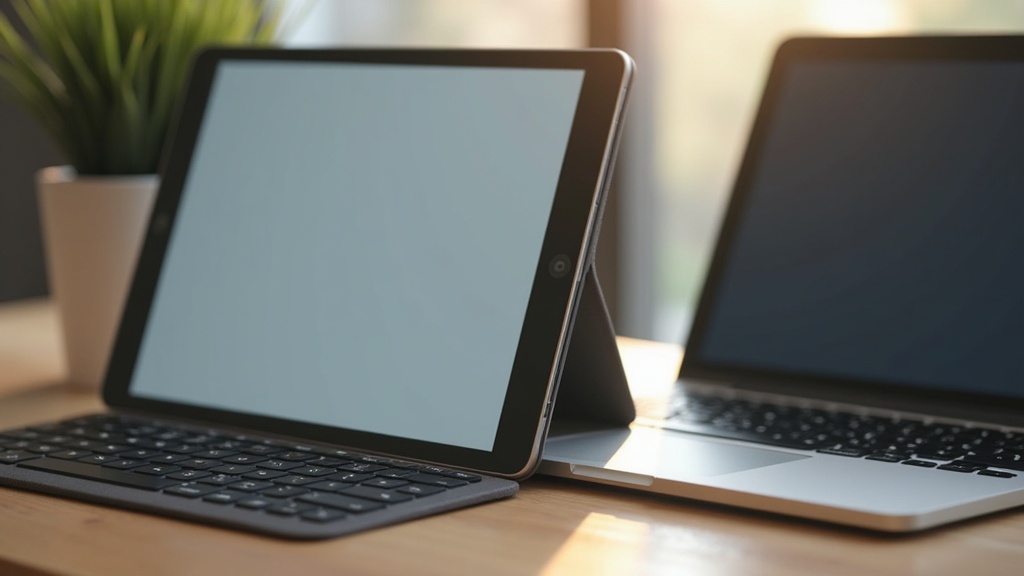 タブレットとノートPCを机上に並べて比較検討している購入前のシーンを表した写真