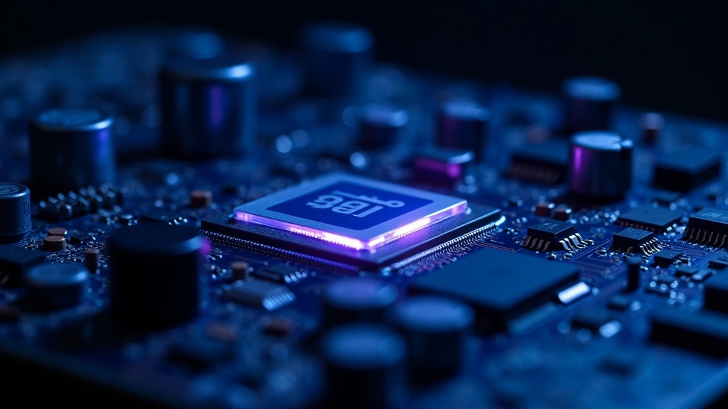 ノートPCのマザーボード内部でCPUや周辺チップが密集し電磁ノイズが発生しやすい環境を示す接写画像