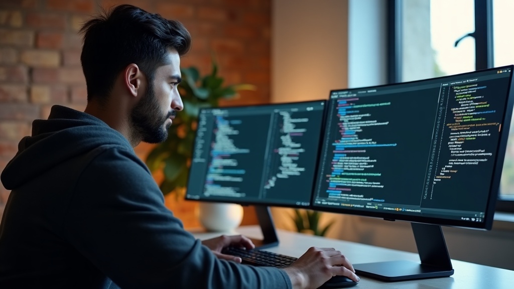 ノートPCとポータブルモニターのデュアルディスプレイ環境でコーディングするエンジニアの作業デスク
