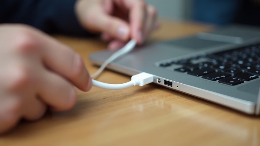 ポータブルモニターとノートPCをUSB-Cケーブル1本で接続する手元のクローズアップ写真