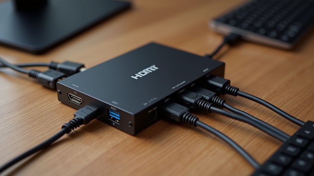 KVMスイッチ本体にHDMI・USBケーブルが接続され複数PCと周辺機器を集約する様子
