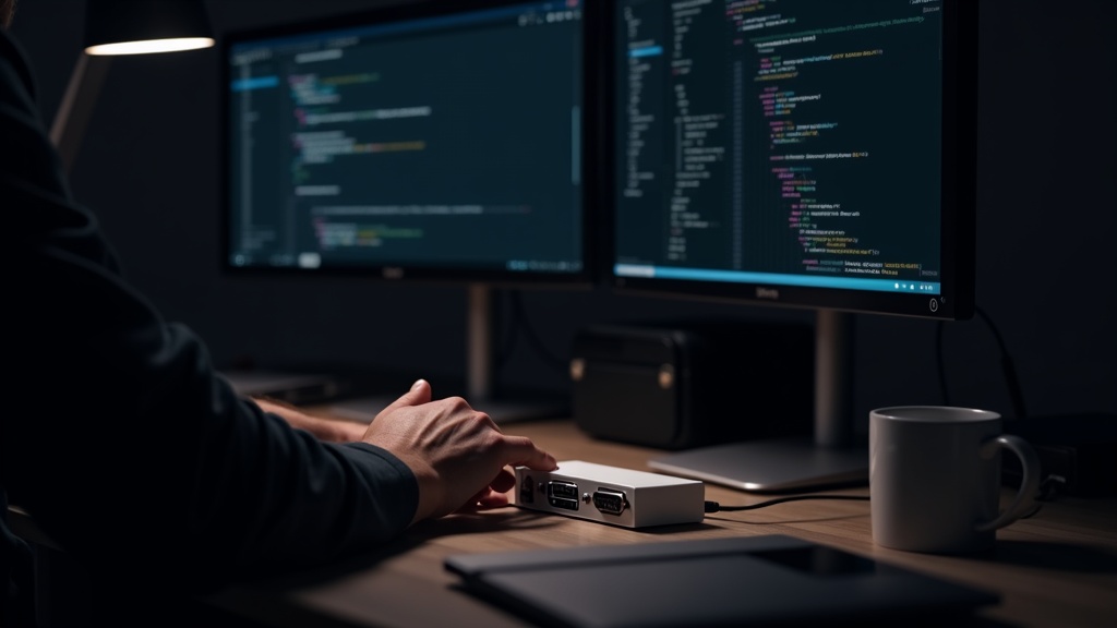エンジニアがKVMスイッチのボタンでMacとWindowsを瞬時に切り替えながら開発作業をする様子