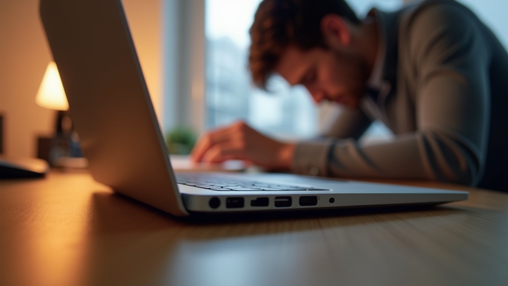 デスクに直置きされ吸気口が塞がれたノートPCと、前傾姿勢で作業する人物を示す姿勢悪化の解説画像