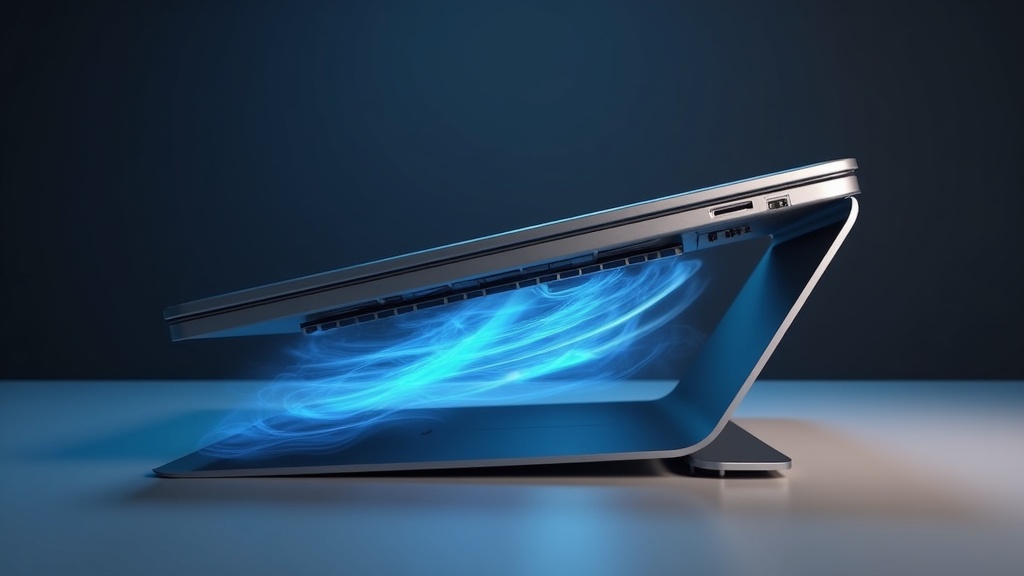 冷却スタンドで角度をつけたノートPCの底面から空気が流れ込む対流の仕組みを示した排熱解説画像