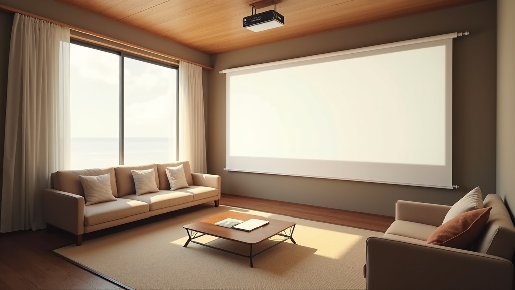 6畳の部屋で短焦点プロジェクターを壁際スクリーンに向けて設置した最適レイアウトの俯瞰図