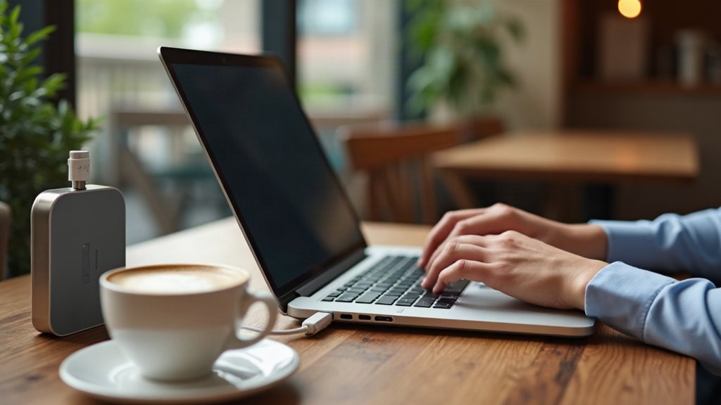 カフェで軽量ポータブル電源を使いノートPC作業をする平常時の活用シーン