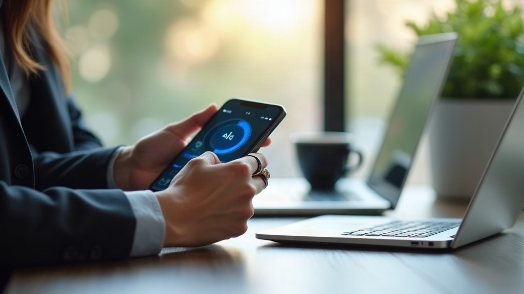 スマートリングのデータをスマートフォンで確認しながら仕事の計画を立てる様子